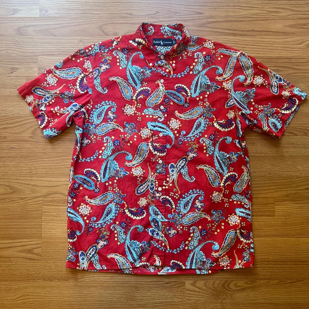 Ralph Lauren Mens Red Paisley Cotton Short Sleeve Button Down Shirt Large